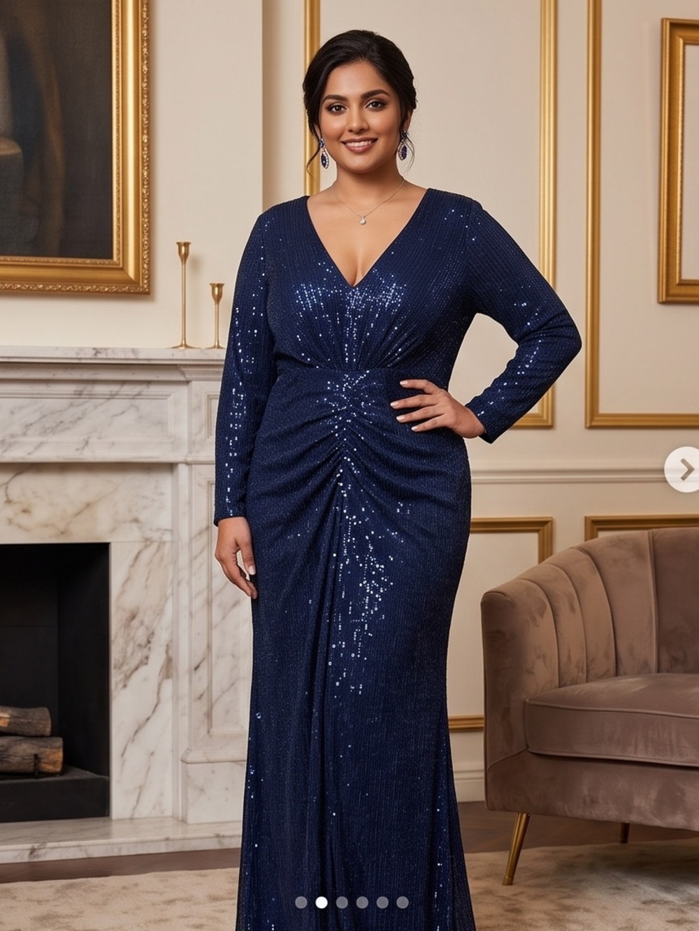 Elegant Navy Sequin V-Neck Evening Dress